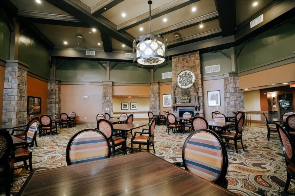 Grand Dining Hall With Exposed Beams at Memory Care Facility